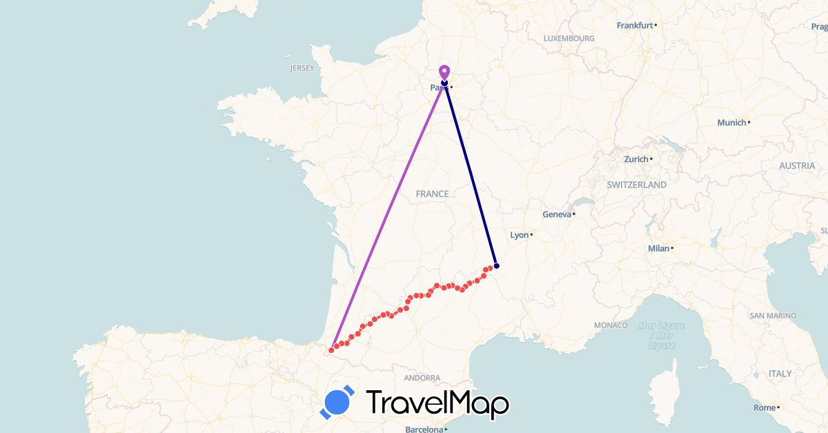 TravelMap itinerary: driving, train, hiking in France (Europe)