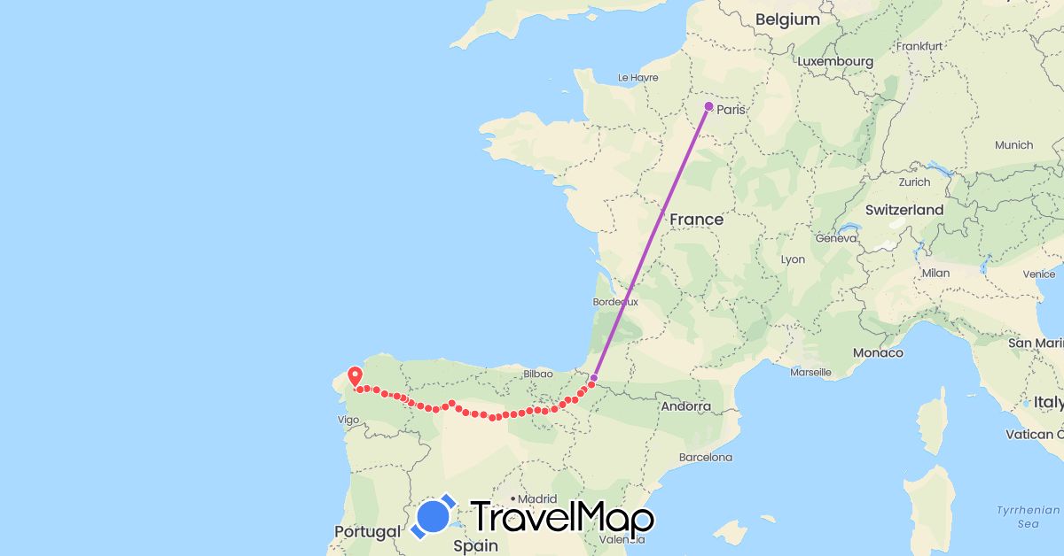 TravelMap itinerary: driving, train, hiking in Spain, France (Europe)